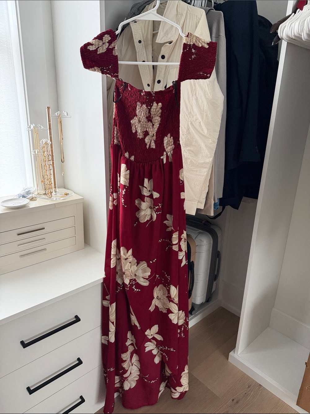 SHEIN Asymmetrical Burgundy Floral Off-Shoulder Maxi Dress